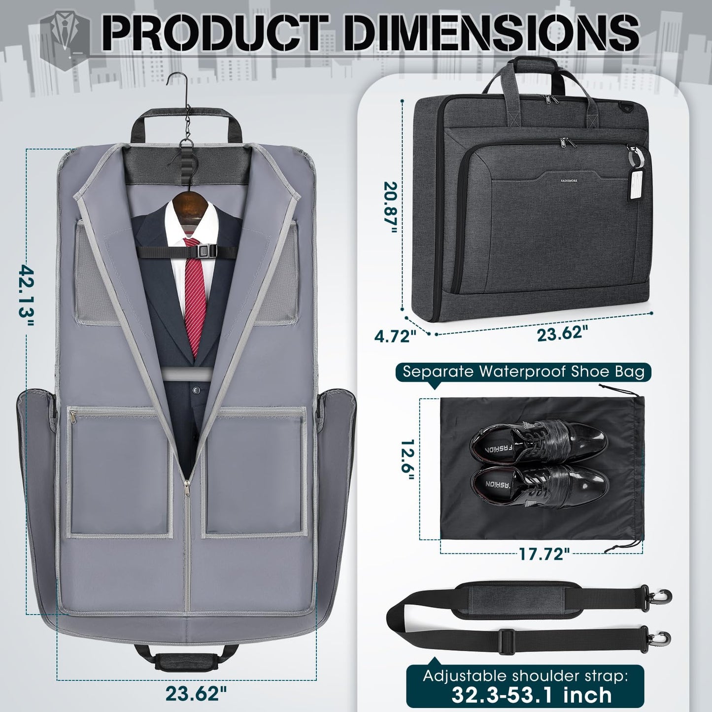 RAINSMORE Garment Bags for Travel Carry On Garment Bag for Hanging Clothes, Suit Bag for Business Trips with Shoes bag & Shoulder Strap, Waterproof Foldable Suit Luggage Bag for Men Women, Gray