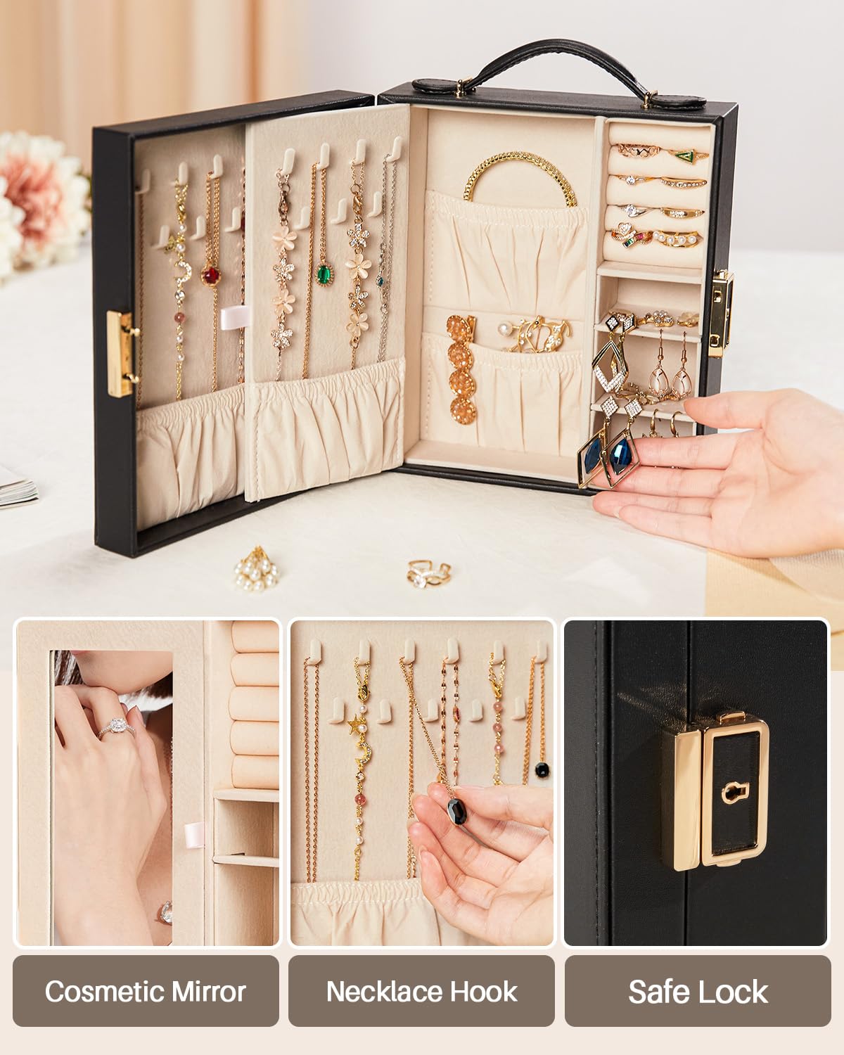Enthralite Large Travel Jewelry Case: Portable Jewelry Box with Mirror - PU Leather Small Jewelry Organizer for Rings Earrings Necklaces Bracelets - Birthday Gift for Her - Jewelry Storage