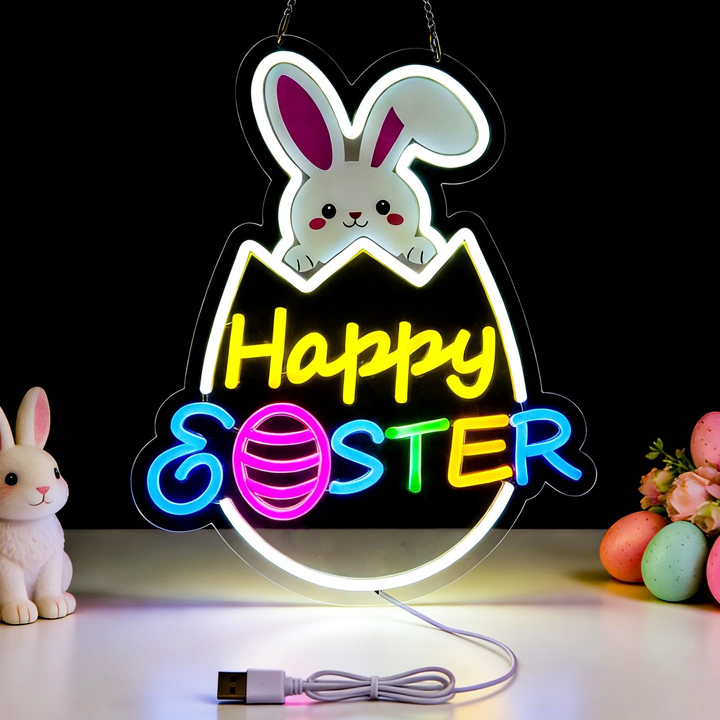 RumonZS Easter Decorations LED Neon Sign 15 In Happy Easter Neon Sign LED Rabbit Egg Window Lights Home Party Indoor Outdoor Wall Bunny Decor Light Up Sign for Bedroom Easter Birthday Party Decor