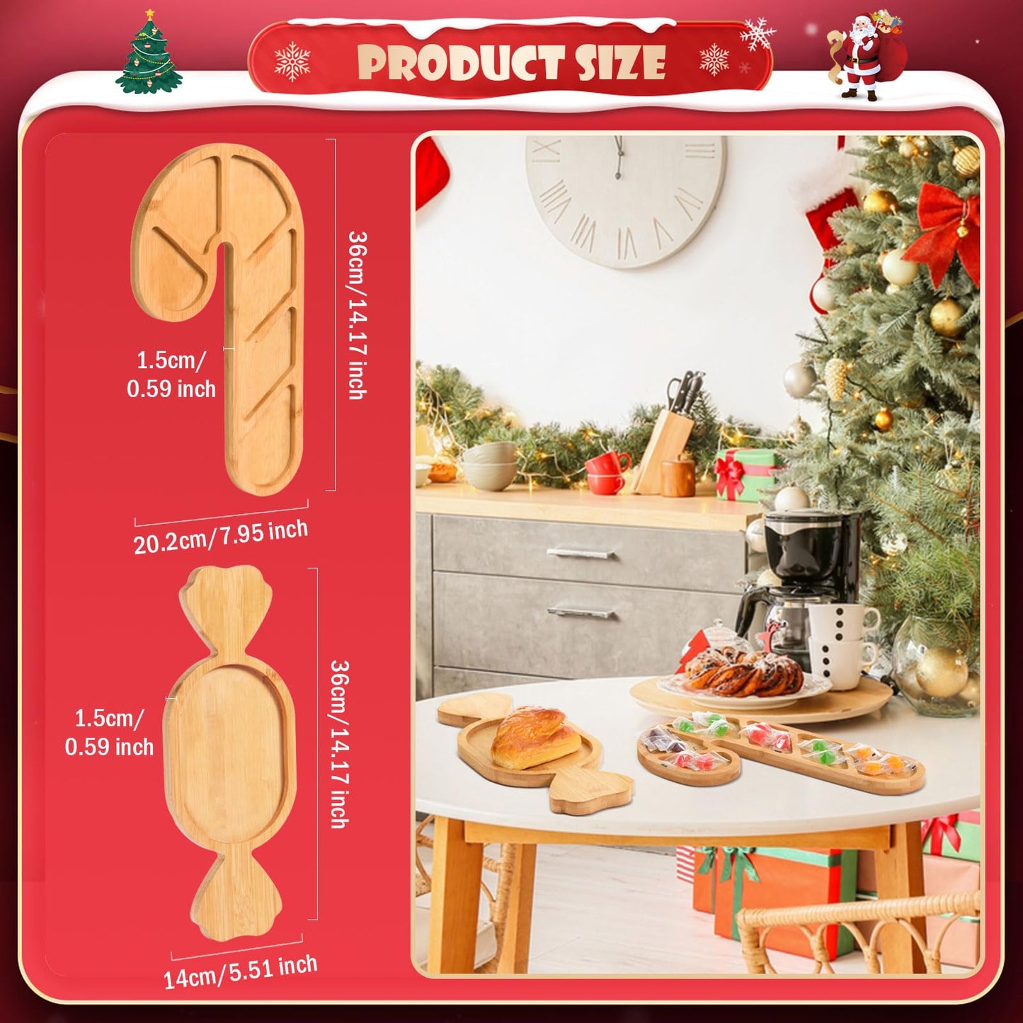 AWIZOM 2 Pcs Christmas Serving Platters Peppermint Candy and Candy Cane Shaped Wood Trays Christmas Wood Charcuterie Boards Decorative Bamboo Snack Dish Plates for Xmas Holiday Housewarming Presents