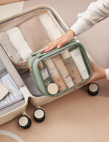 Oaque Clear Cosmetic Bag Double Layer Travel Toiletry Bag White Makeup Bag Case with 4 Compartments, Transparent Travel Bag for Toiletries, Large Toiletry Bag for Women Cosmetic Case (Sage Green)