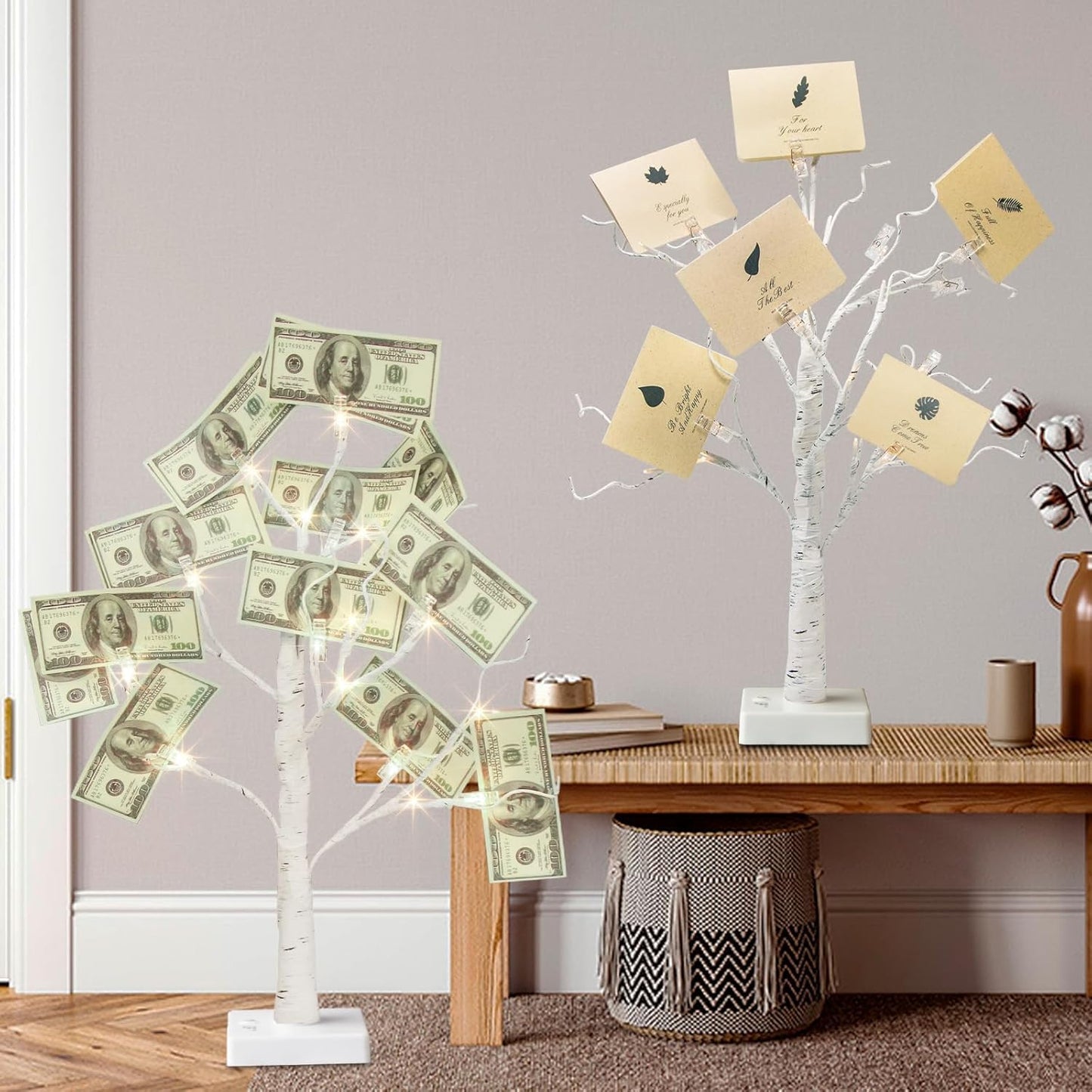 EAMBRITE Money Tree Gift Holder, Gift Card Tree 2FT 24LED, Lighted Birch Trees Battery/USB Powered Timer Photo Display with 24 Clips and 12 Cards for Home Graduation Christmas Picture Memo 2 Pack