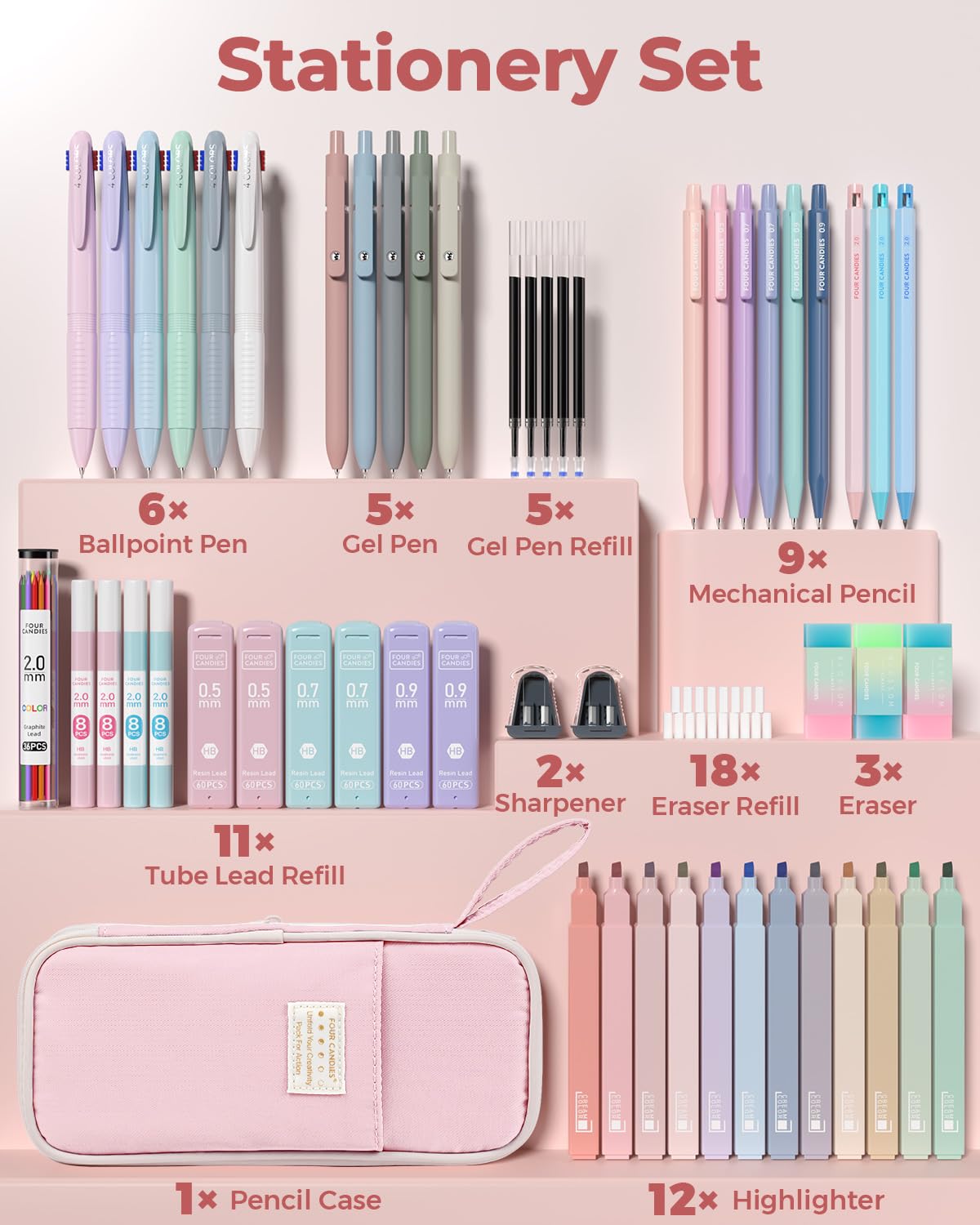 Four Candies 56 PCS Aesthetic School Supplies with Cute Pencil Case, 6 Multicolor Pen, 12 Pastel Highlighters, 5 Gel Pens Black Ink, 9 Mechanical Pencils for Student Stationary Set Preppy Stuff (Pink)