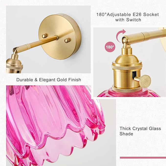 Hardwired Wall Sconce Light, Vintage Wall Sconce with Switch, Gold Wall Light Fixture with Tulip Ruby Red Glass Lampshade, Indoor Wall Light for Bedroom Bathroom, Bedside Wall Lamp