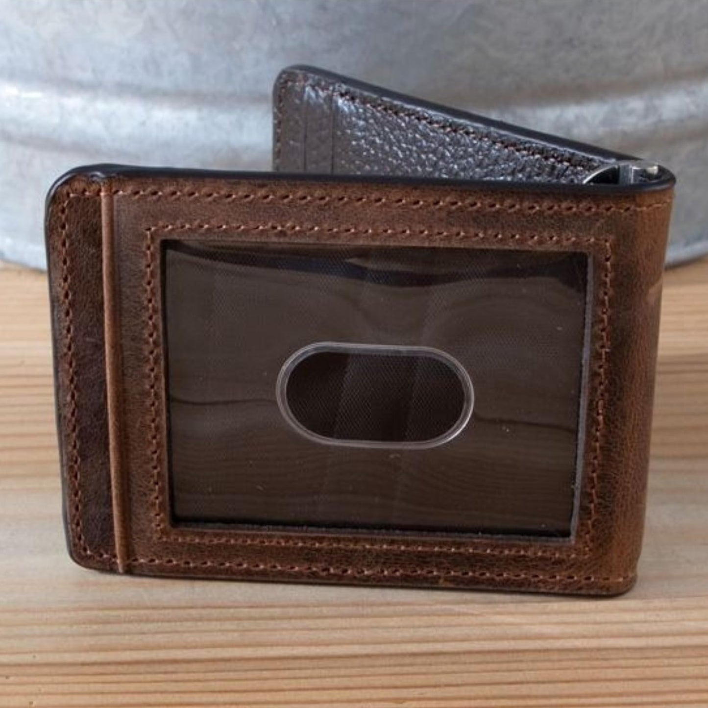 ARIAT Men's Wallet, Brown Genuine Leather, Money Clip Style, Distressed USA Flag, Shield Logo, Card Slots, ID Window