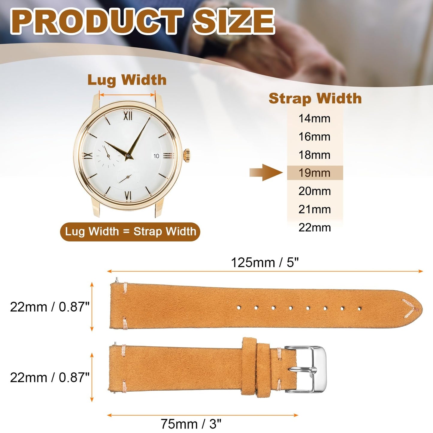 HARFINGTON Leather Watch Band 19mm Width Watch Strap Top-Grain Suede Cowhide Wrist Bands Replacement with Stainless Steel Buckle for Men Women, Light Brown