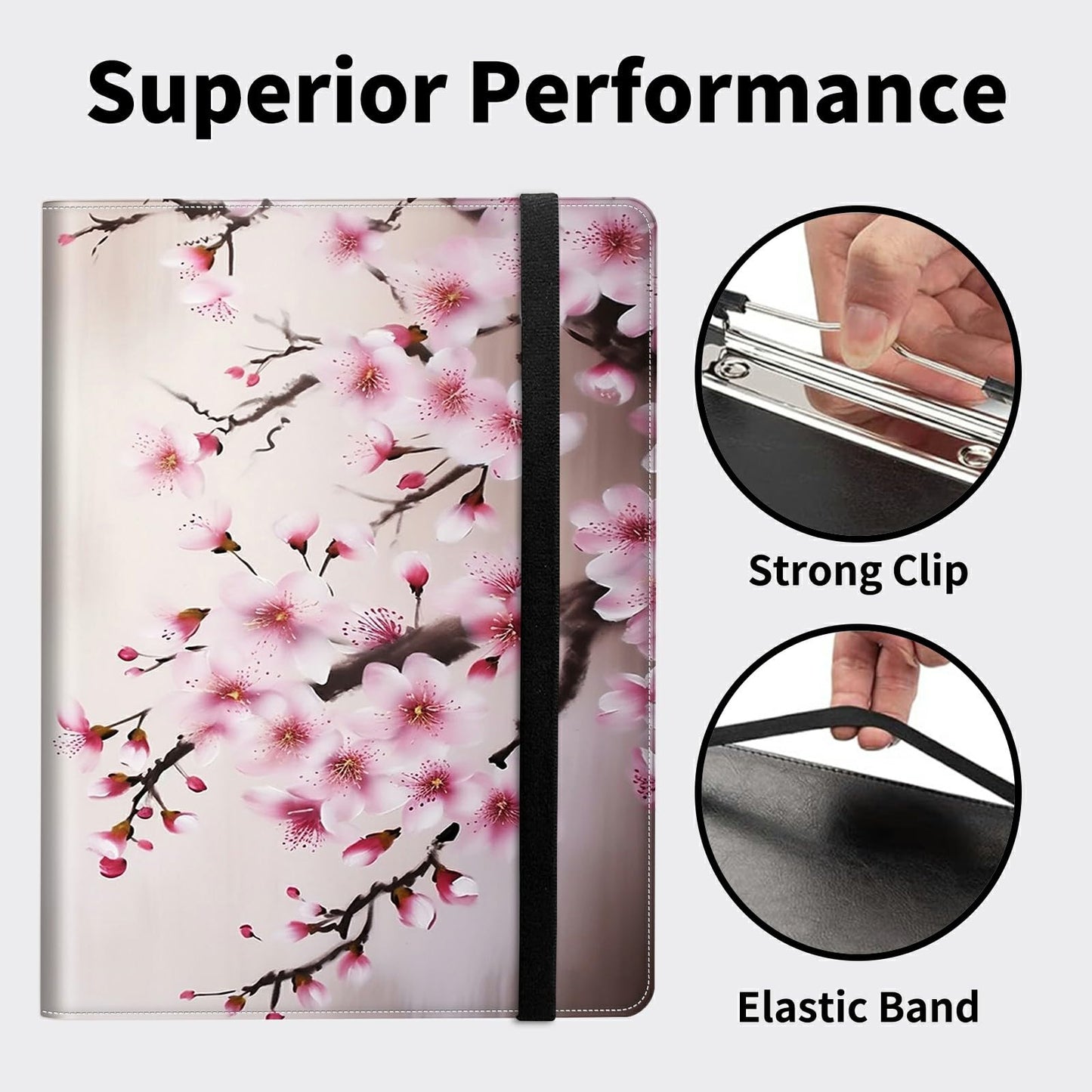 DIGTIALL Padfolio Folder with Clipboard,Portfolios Organizer Clipboards with Storage Clipboard Writing Pad PU Leather Conference Document Organizer with Business Card Holder,Cherry Blossom