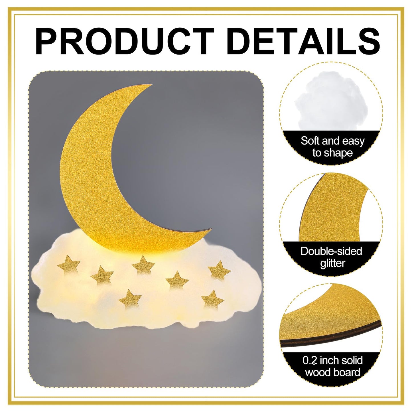 Wonderjune 9 Sets Twinkle Twinkle Little Star Table Centerpieces DIY Moon Stars Baby Shower Decorations Light Star Cloud Decor for Baby Shower Birthday Party DIY Crafts(Glitter Gold)