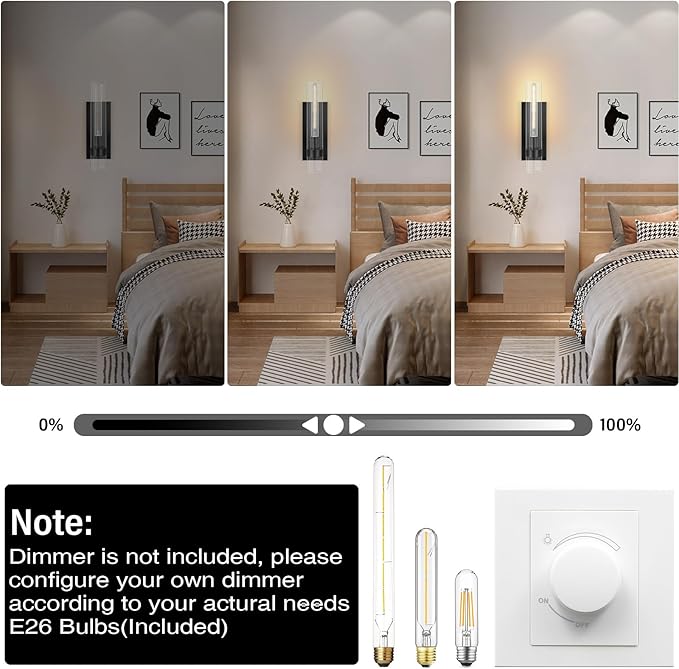 Wall Sconces Set of Two,18" Sconces Light Fixture, Black Bathroom Bedside Ligting, Glass Vanity Lights, Indoor Wall Lamps for Bedroom Living Room Hallway Mirror