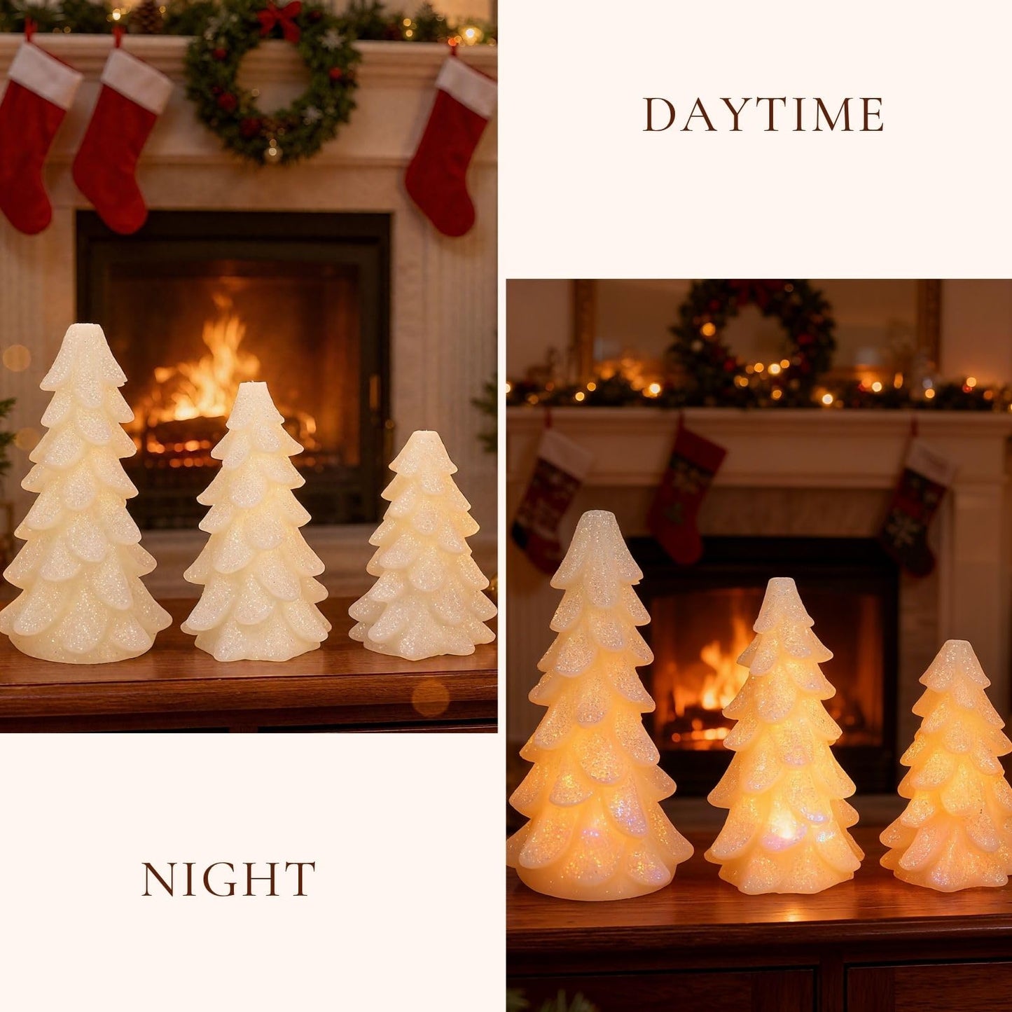 Peninpha 3Pcs Christmas Tree Candles with Remote Timer, Flickering Real Wax LED Flameless Candles Battery Operated for Xmas Winter Décor, White Glittering