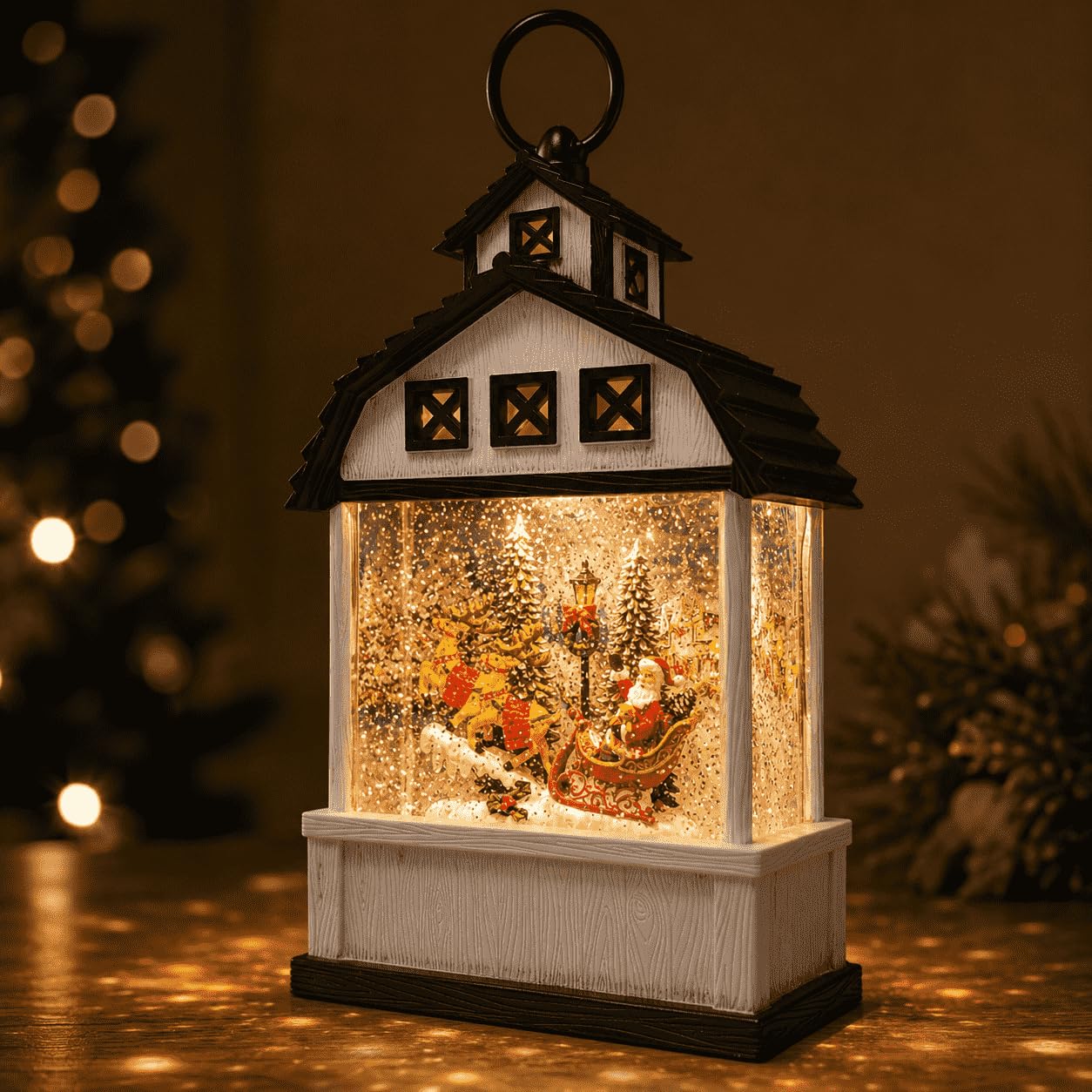 12.6" Christmas Snow Globe Lantern, White Barn Water Glittering Lantern with Santa Sleigh & Reindeer, Lighted Christmas Lantern with 6H Timer, Battery Operated Farmhouse Holiday Tabletop Decor Gift