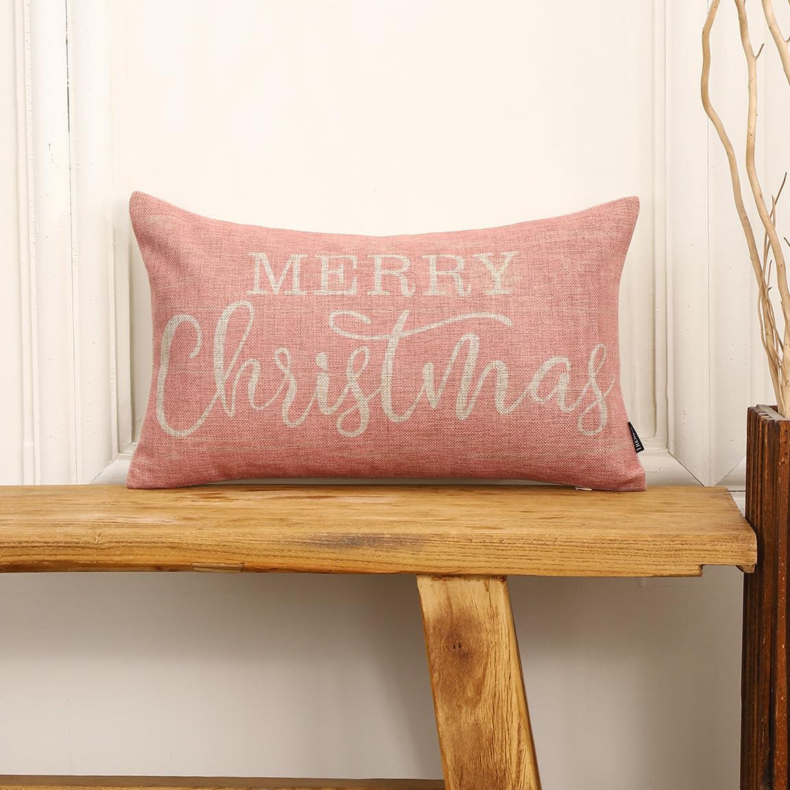 TRENDIN Christmas Decor Throw Pillow Cover 12x20 Merry Christmas Decoration Lumbar Linen Cushion Cover Couch Pillow Case for Sofa Home and Car Pink PL1078TR