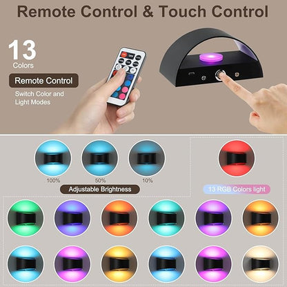 Lightess Rechargeable Wall Sconce, 13 RGB Colors Battery Operated Wall Sconces with Remote & Touch Control, Cordless Wall Lamp Black, Stick On Wall Lights for Bedroom
