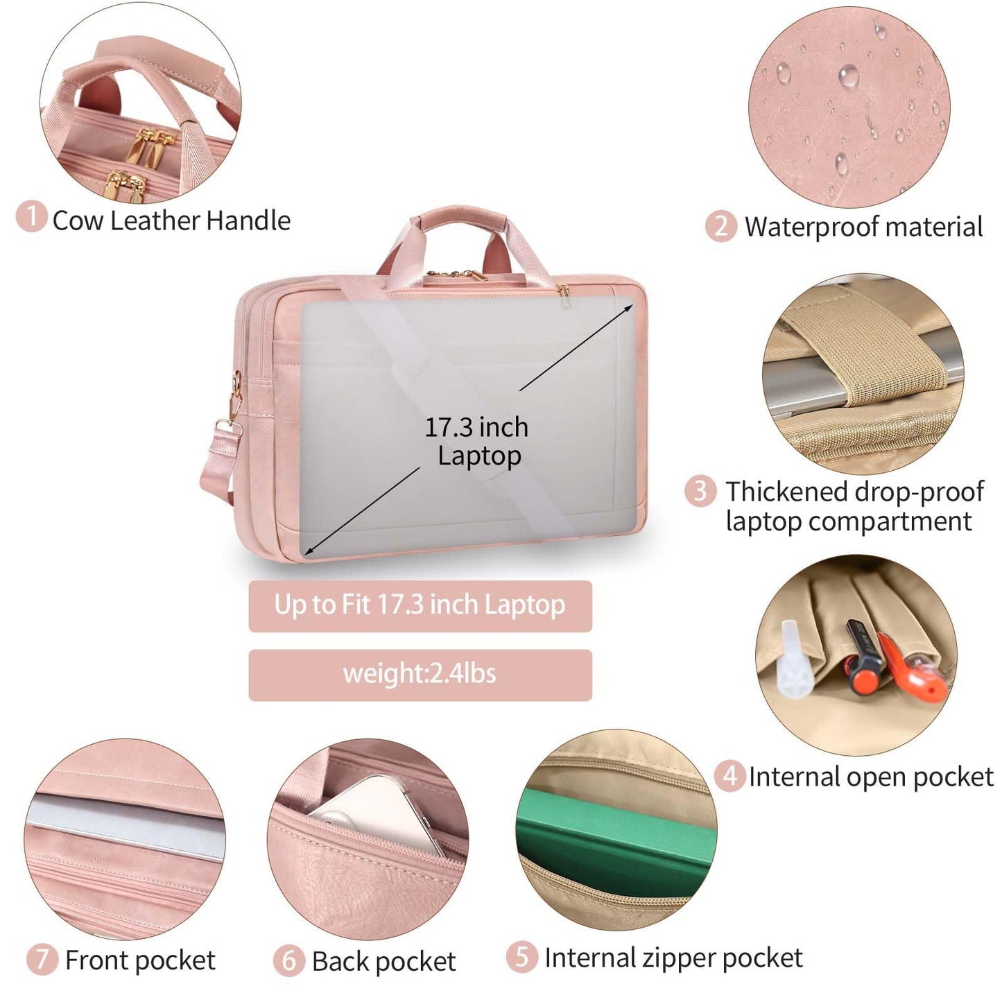 Stuery Faux Leather Messenger Bag for Men 17-17.3 Inch: Laptop Bag Briefcase Computer Handbags Shoulder Crossbody Bag with Padded Laptop Sleeve for Work College Travel, PU Pink