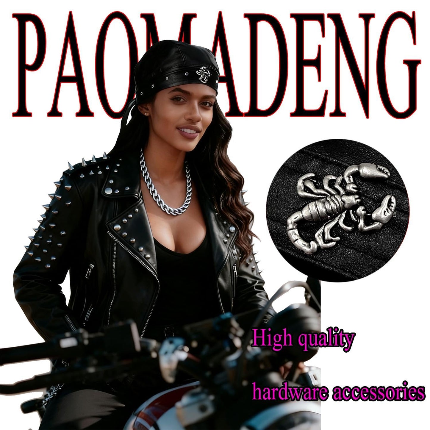Punk Biker Leather Cap with Necklace for Women Skull Motorcycle Hat with Snug Fit, Stylish Biker Head Wrap & Riding Cap for Badass Look Adjustable Black