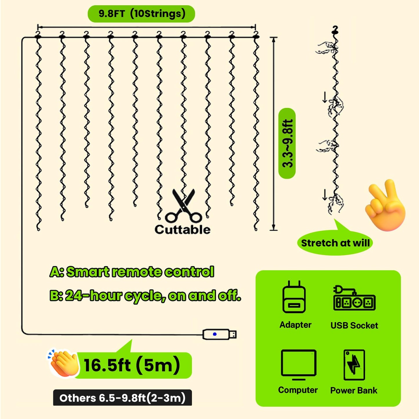HXWEIYE 300LED Fairy Curtain Lights, 9.8x9.8Ft USB Plug-in 8 Modes Christmas String Hanging Lights with Remote for Bedroom Backdrop Wedding Indoor Wall Decor, Green, Standard – 1 Pack