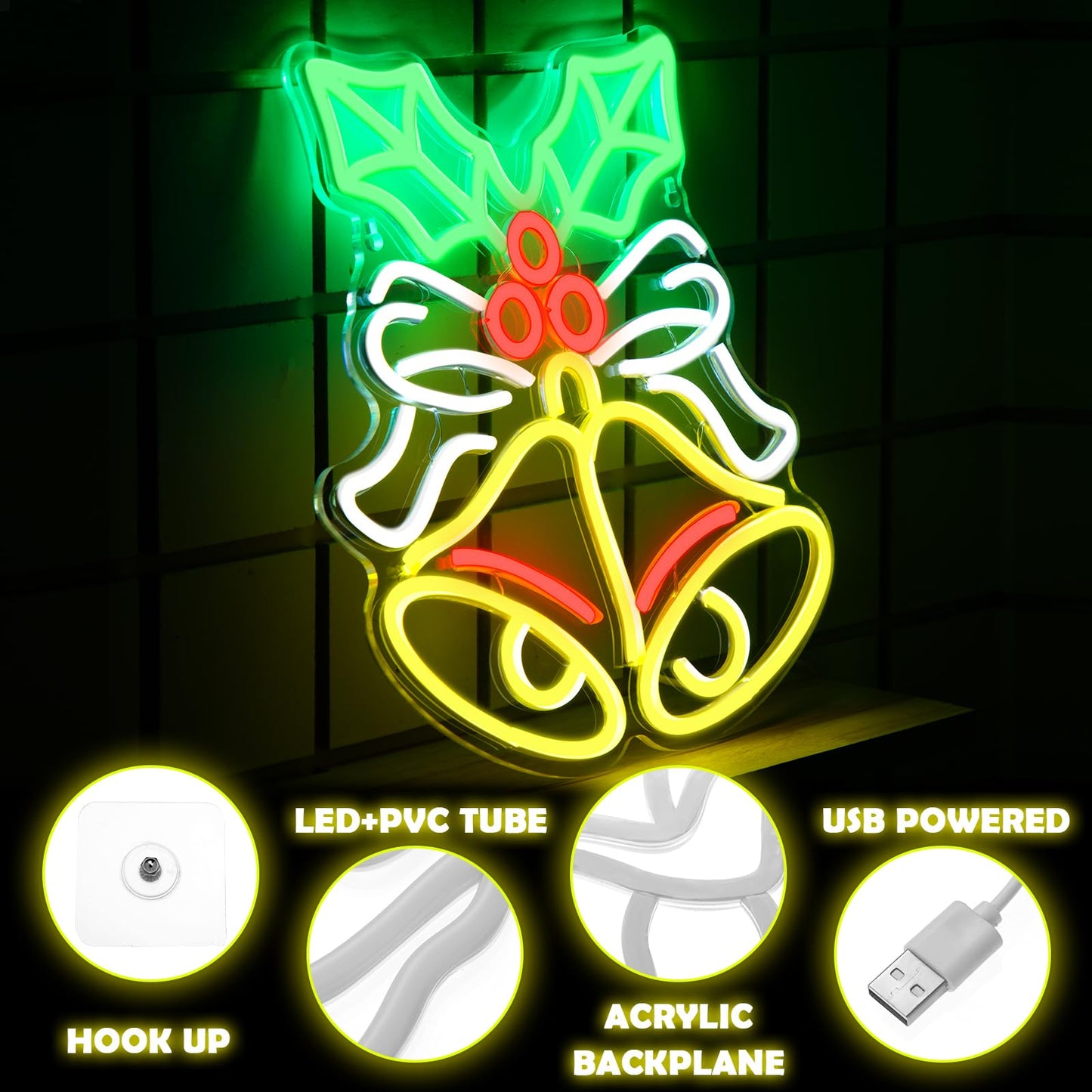 Xuhal Christmas Bell Neon Sign Christmas Neon Lights LED Light up Sign USB Wall Bar Living Room Decor for Xmas Party Home Bedroom Office