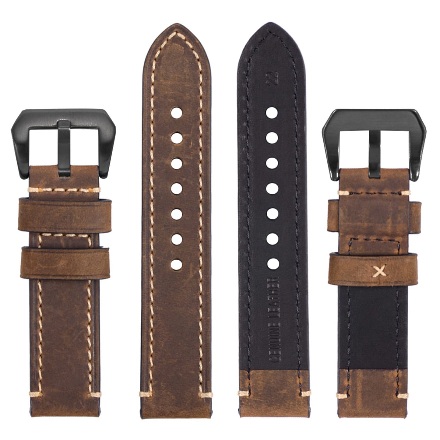 EACHE Leather Watch Bands for Men, Handmade Genuine Leather Watch Straps Vintage Design Classical Thick Watch Bands 22mm Dark Brown with Black Buckle