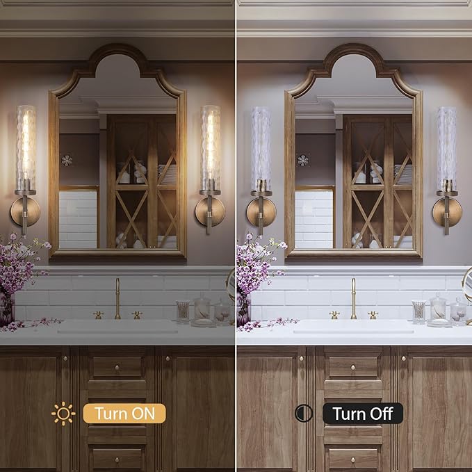 Brass Sconces Wall Lighting 19.48" with Rippled Glass Shade, Solid Knurled Brass Wall Sconces, Vintage Industrial Sconce Lamps for Bedroom Bathroom Entryway & Staircase Mirror Decor(Including Bulb)