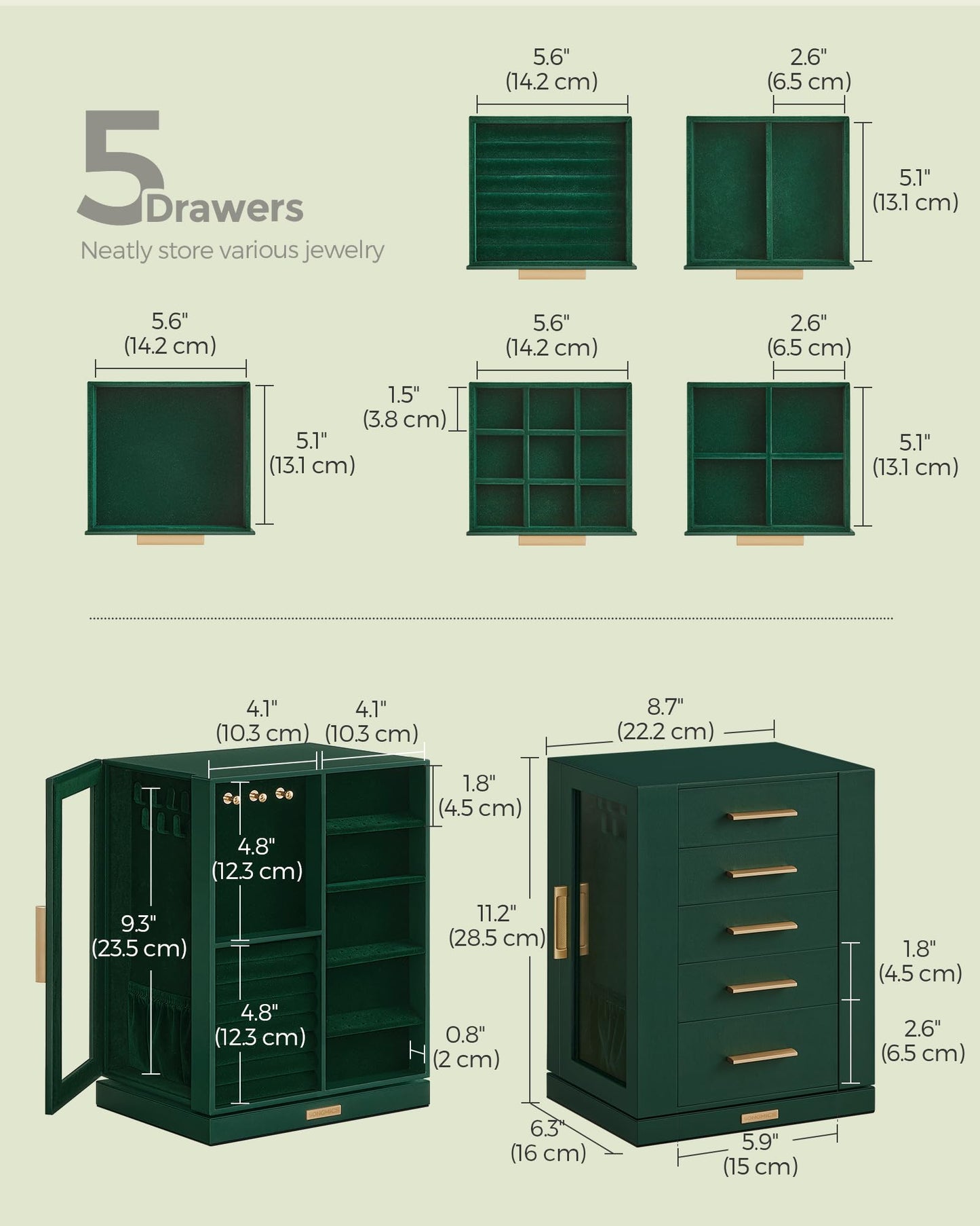 SONGMICS Jewelry Box 360° Rotating, Jewelry Storage Case with 5 Drawers, Jewelry Organizer, Glass Window, Spacious, Vertical Jewelry Storage, Open Design, Great Gift, Forest Green UJBC170C01
