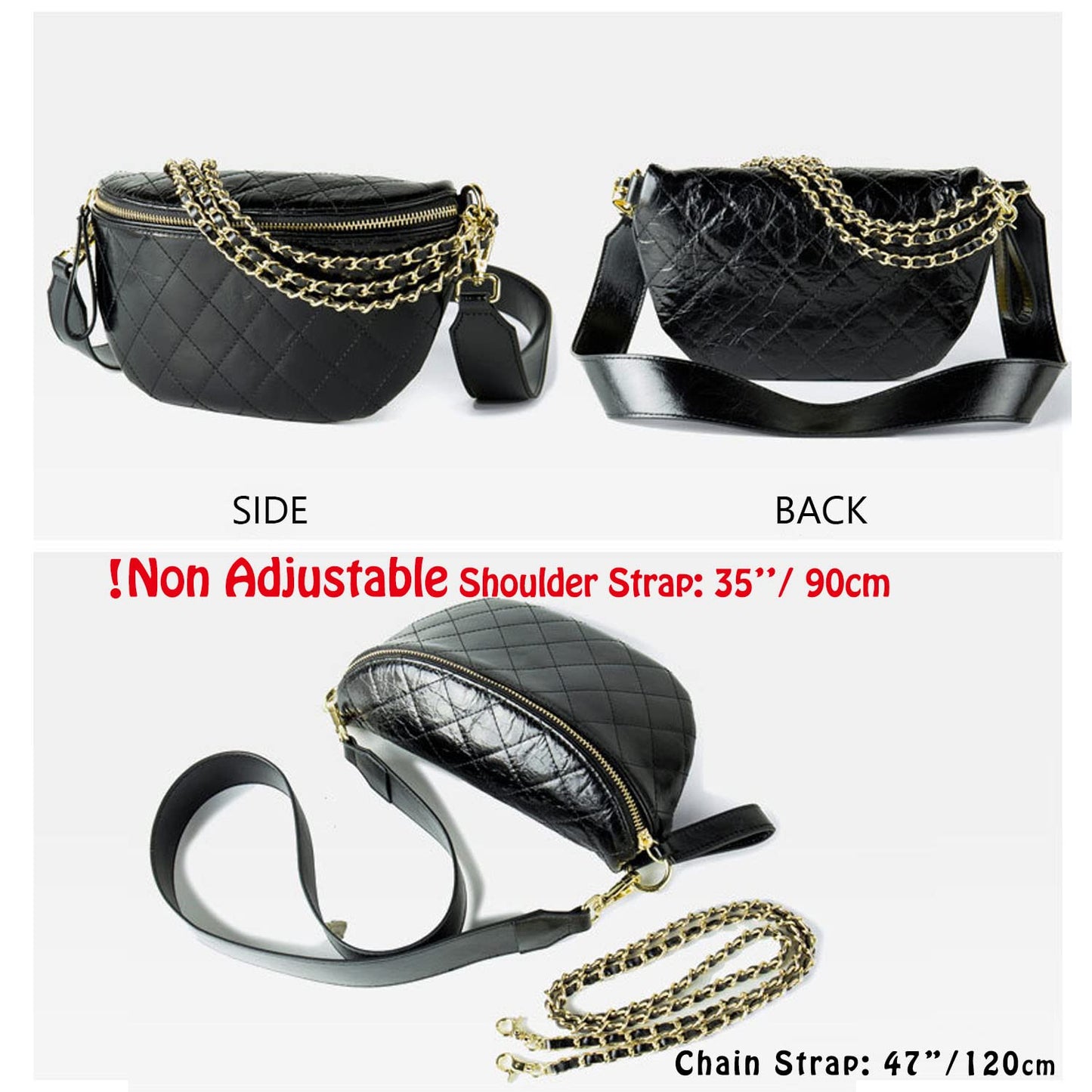 Leather Fanny Pack for Women Crossbody, Dressy Belt Bag with Gold Chain - Black Luxury Waist Purse(Black-2)