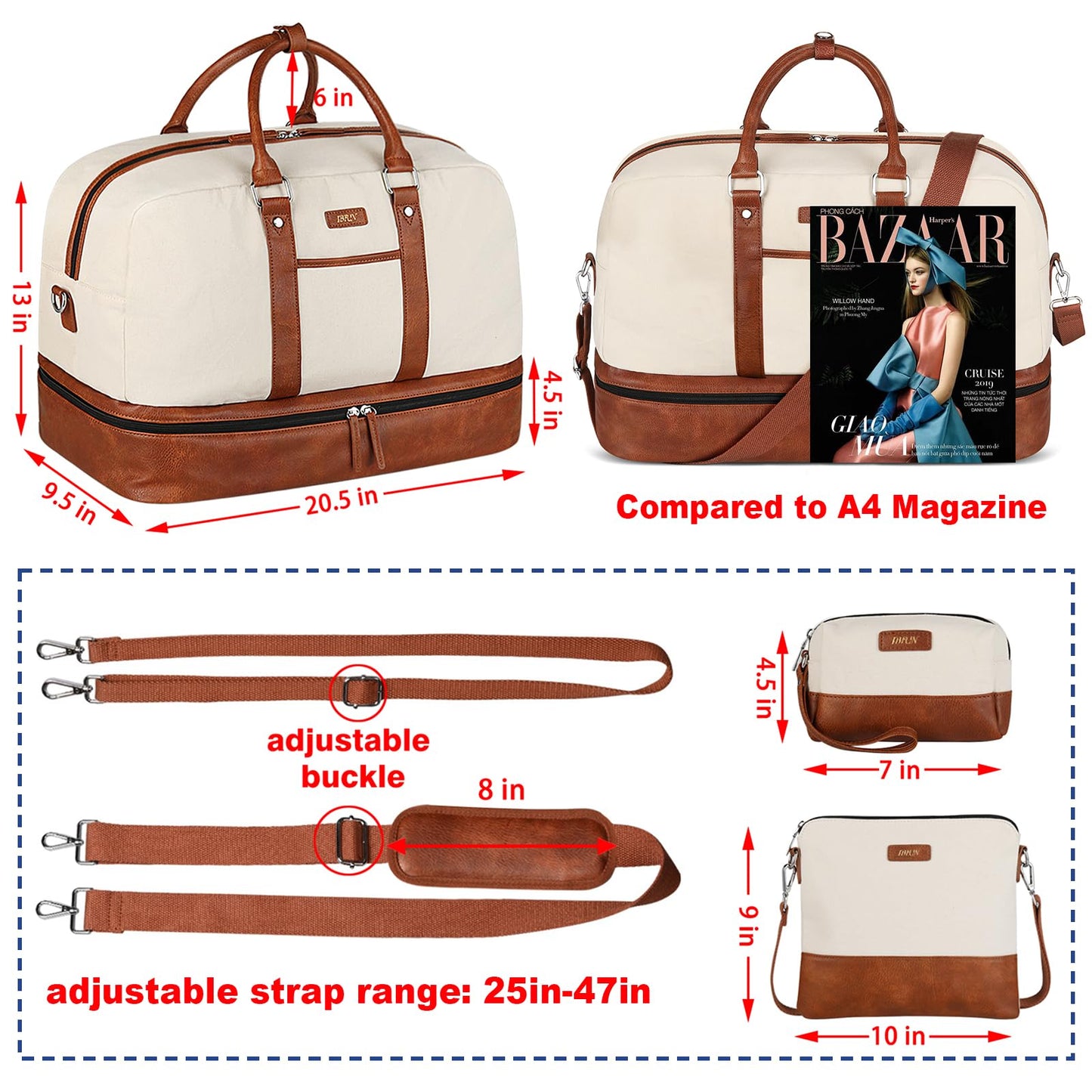 IBFUN Weekender Bag for Women, Large Overnight Bag Canvas Travel Duffel Bag Carry On Tote with Shoe Compartment 21" 3Pcs Set