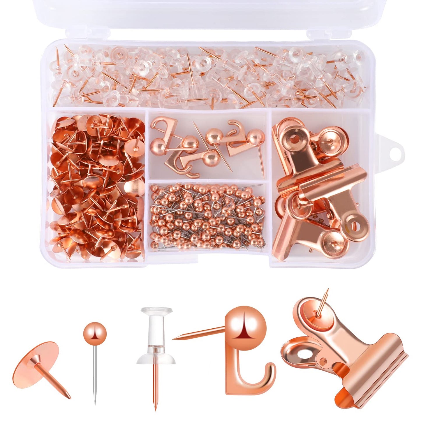 310 Pcs Rose Gold Push Pins Set, Thumb Tacks Decorative Push Pins for Cork Board with Push Pin Hook Pushpin Clip 5 Style Office Accessories for Cork Board Map Office (Rose Gold)