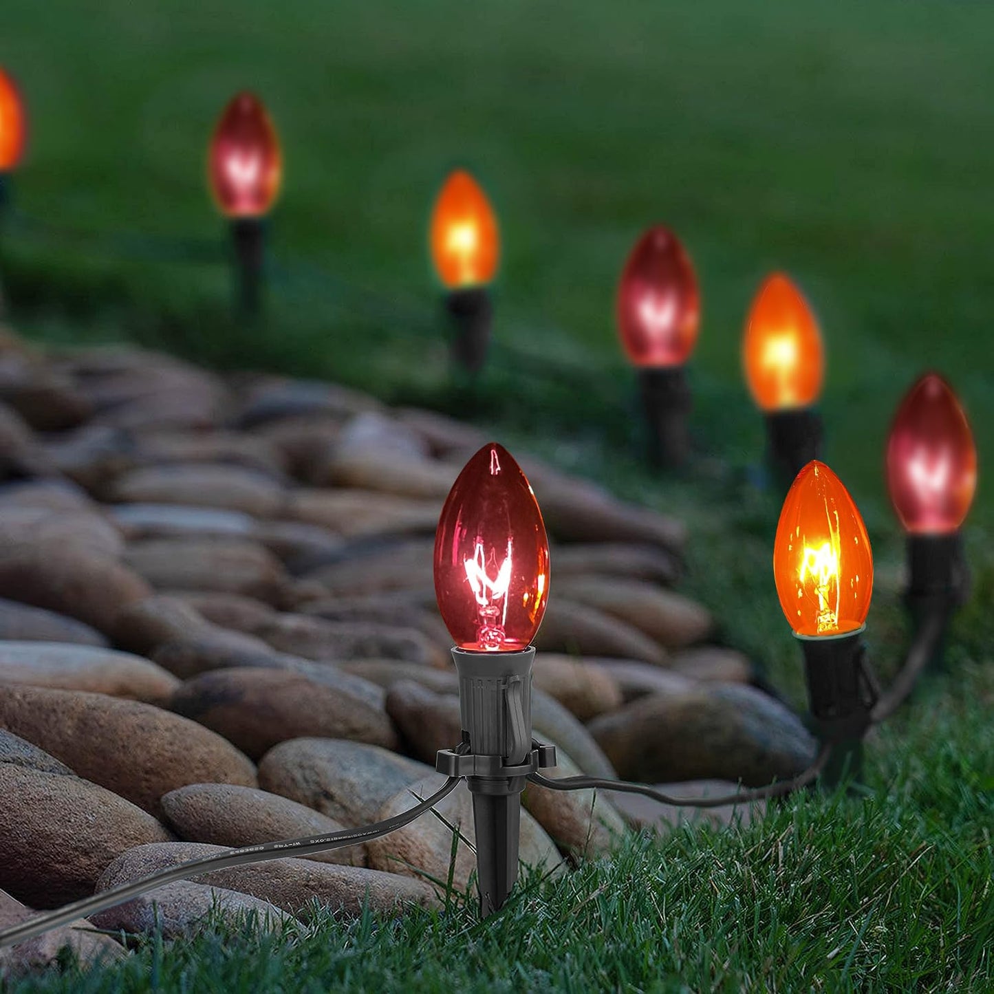 GOOTHY C9 Halloween Pathway Lights Outdoor, 19.5Ft Halloween Decorations Pathway String Lights with 10 C9 Orange and Black Stakes Lights for Walkway Yard Lawn Garden Sidewalk