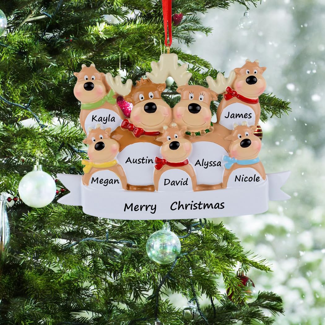 Personalized Reindeer Family of 7 Christmas Ornament - Cute Deer Family Ornament - Polyresin Deer Christmas Tree Decor Keepsake Ornaments - Grandkid Ornaments