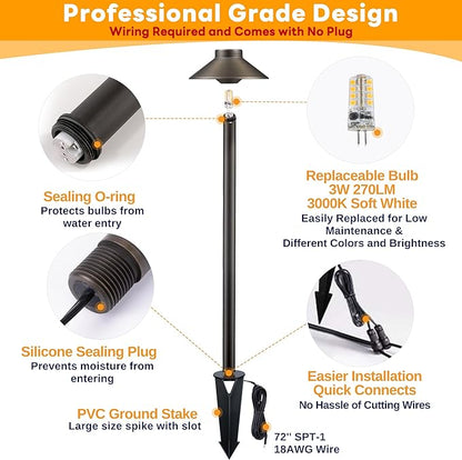 Gardenreet Brass Low Voltage Path Lights, 12V Landscaping Pathway Light IP65 Waterproof, Wired Walkway Lighting Outdoor, LED Bronze for Lawn Backyard with 3W 3000K Soft White G4 Bulb (12 Pack)
