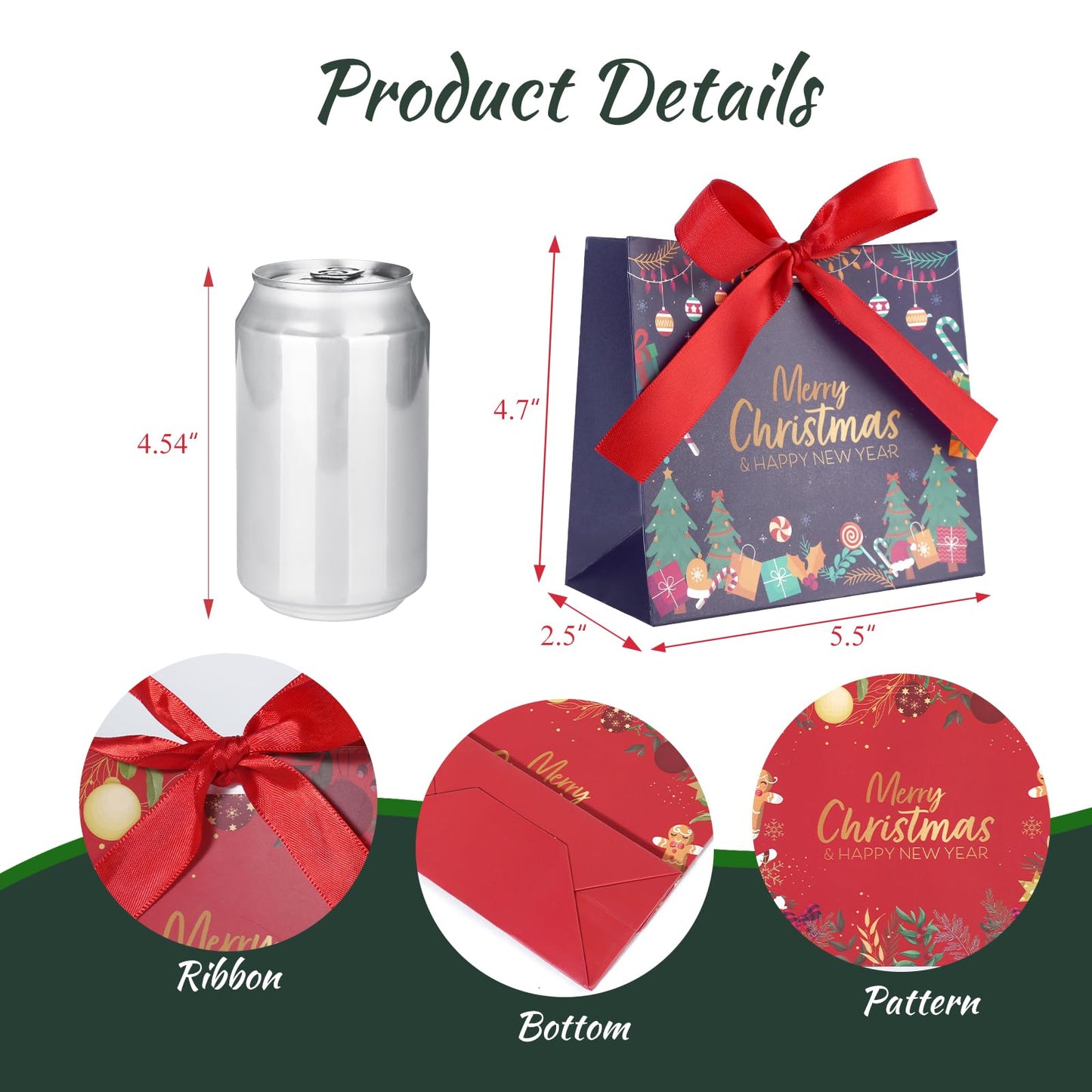 24 Pack Christmas Mini Gift Bags,5.5x 2.5x4.7 Inch Small Xmas Goodie Bags with Ribbon for Kids, Holiday Party Favors Boxes for Candy, Cookies, Jewelry, Christmas Tree Decoration