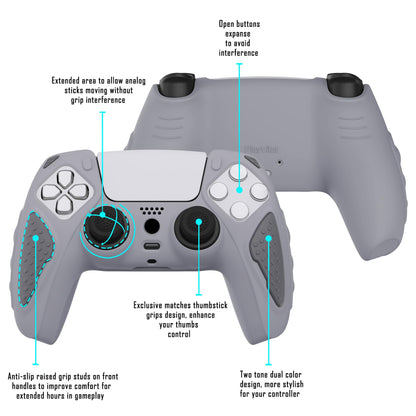 PlayVital Knight Edition Metallic Gray & Dark Gray Two Tone Anti-Slip Silicone Cover Skin for ps5 Controller, Soft Rubber Case for ps5 Wireless Controller with Thumb Grip Caps