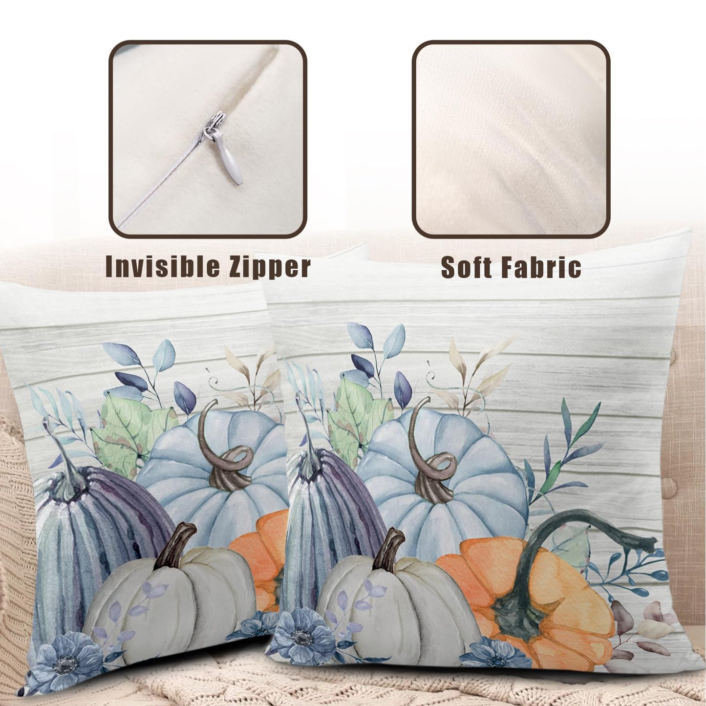 Wnoesat Fall Blue Teal Throw Pillow Covers 16x16 Pumpkin Leaves Print Pillow Cases Set of 2 Thanksgiving Decorations Autumn Harvest Holiday Cushion Cover for Farmhouse Living Room Decor