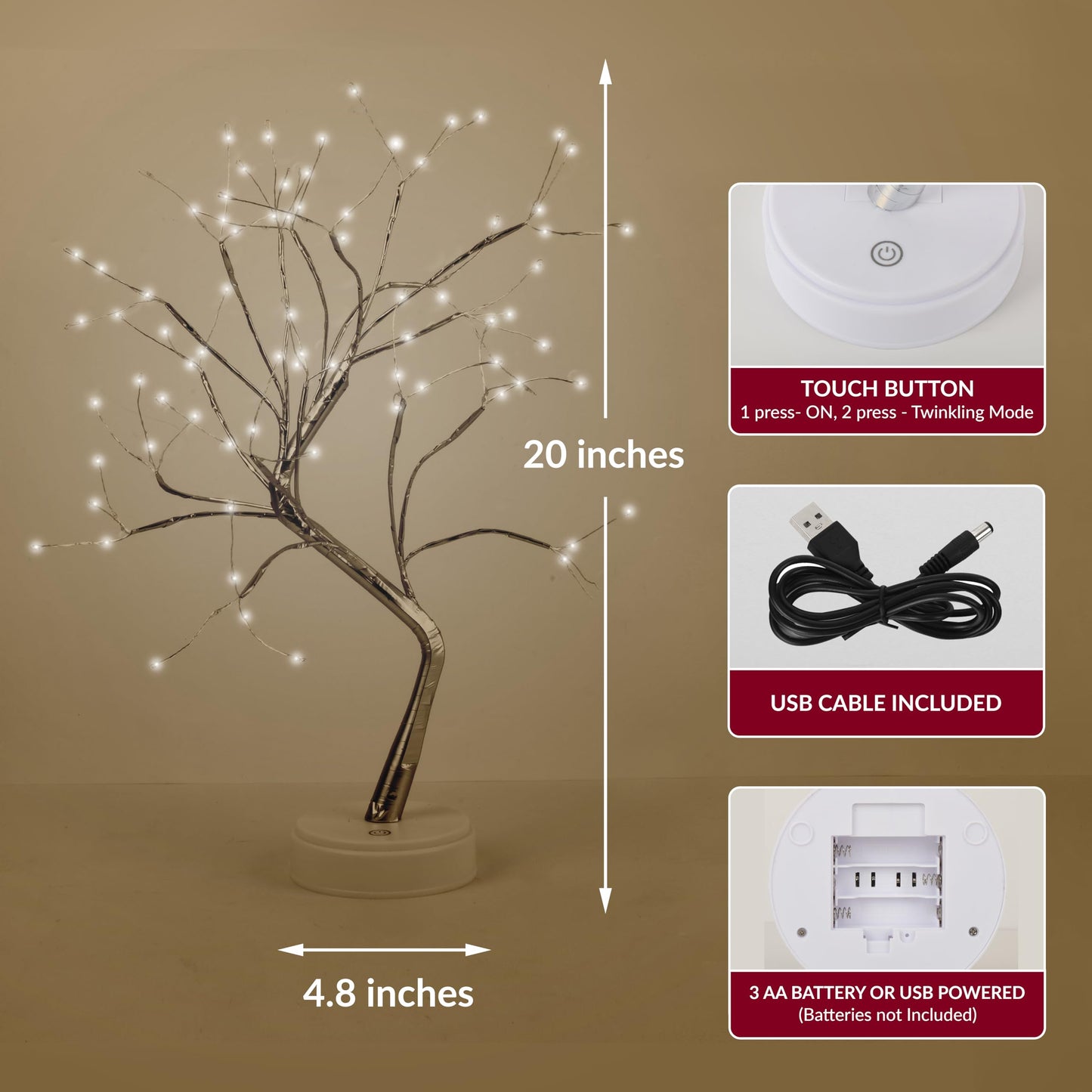 Alfanite Twinkling Tree Fairy Light Spirit Tree Lamp Bonsai Tree Light, Fairy Light Tree, Cute Room Decor Aesthetic Decor, Night Light Lamp, Twinkle Tree, (Silver Branches 108 LED)