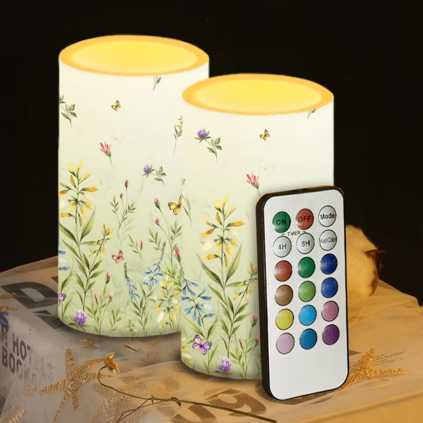 NETILGEN Flameless Candles LED Battery Operated Candles with Realistic Set of 2 with 18 Key Remote Control Timer Dancing Flame Pillar Candles for Home Beach Farmhouse, Floral Green