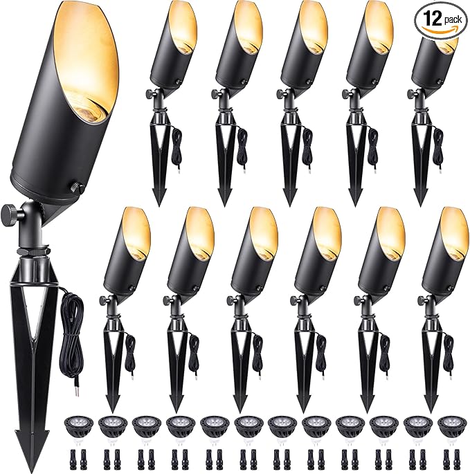 Gardenreet Die-Cast Brass Spot Light Outdoor - 12V Uplighting Waterproof, LED Low Voltage Landscape Lights Metal, Black for Fence Fountain with Daytime White MR16 Replaceable Bulbs (12 Pack)