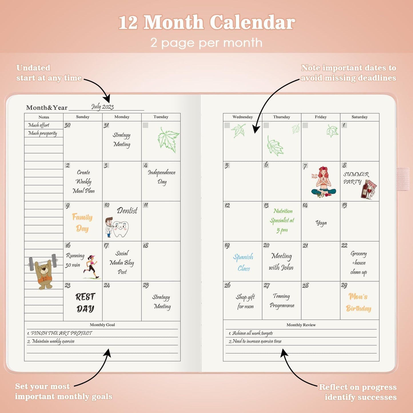 Undated Daily Planner 2024-2025, ADHD & Work Planner for Women & Men, Hourly Goal Setting, Hardcover, Start Anytime, A5, Pink