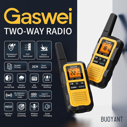 G2pro+ Waterproof Walkie Talkies - Long Range Heavy Duty Two-Way Radios | Rechargeable, FM Radio, SOS, NOAA Weather (2 Pack - Yellow)