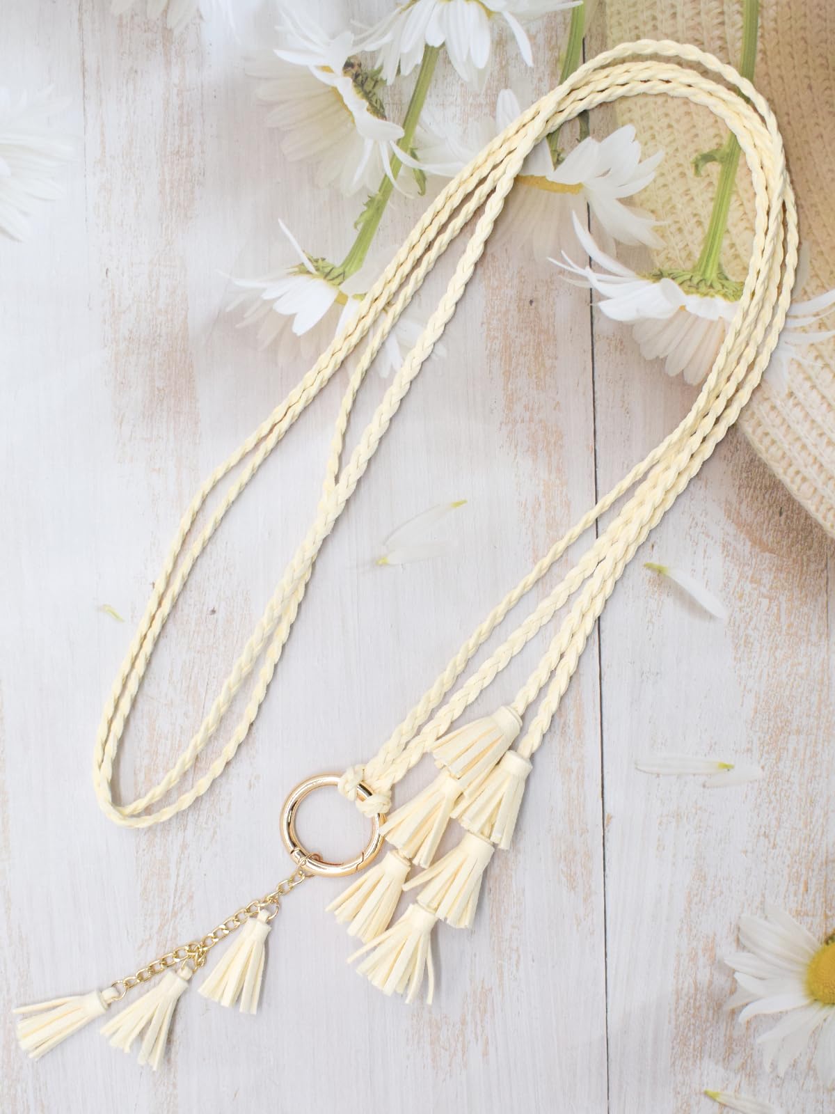 TeeYee Women Waist Belt/Rope/Chain PU Leather Braided Boho 3 layer tassels Fringe Tie Belts Multi Colors 286beige