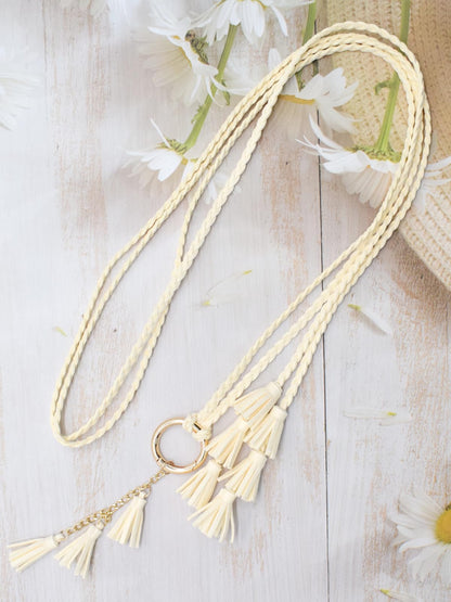 TeeYee Women Waist Belt/Rope/Chain PU Leather Braided Boho 3 layer tassels Fringe Tie Belts Multi Colors 286beige