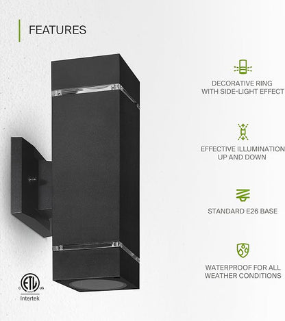 ASD 2 Light Square Outdoor Wall Light Fixture | 120W E26 Bulb Socket 120V ETL Cylinder Up Down Lights | LED/CFL/Incandescent Bulb Exterior Wall Sconce | Front Door, Porch Patio | Ringed Black, 2 Pack