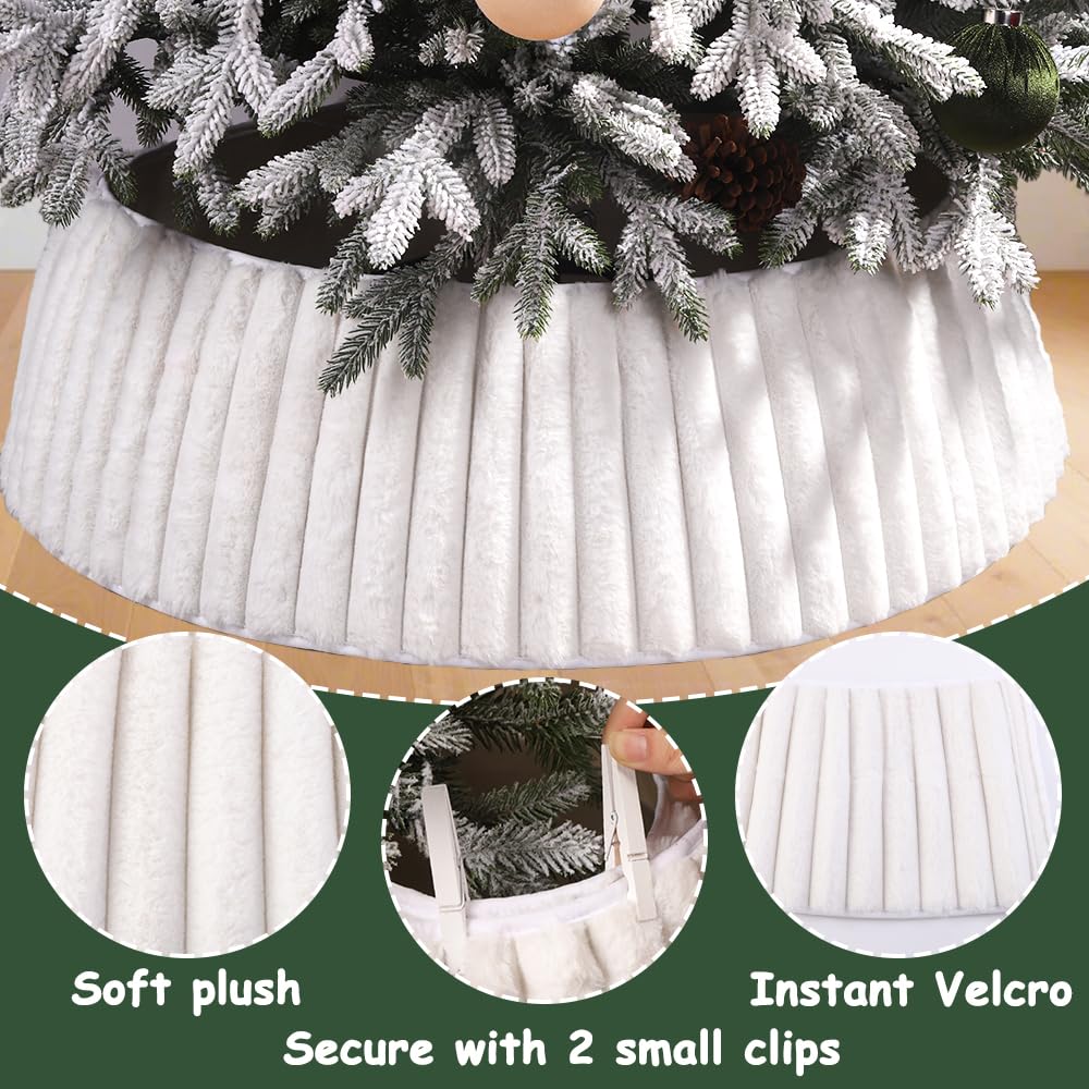 Teeanzo 28 Inch Christmas Tree Collar White Stripes Plush Faux Fur, Soft Boho Xmas Tree Ring Beige Tree Skirt for Christmas Artificial Trees Holiday Party Home Decor
