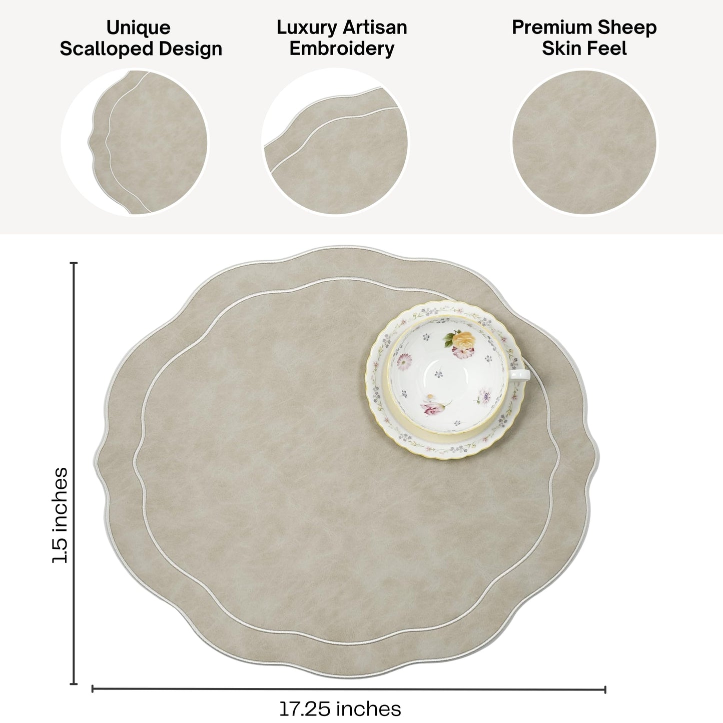 Bryonia Embroidered Scalloped Faux Leather Placemats Set of 4 - Earth Tone, Soft, Wipeable Luxury Dinner Table Mats for Dining & Wedding, 17.25" x 15", Ivory