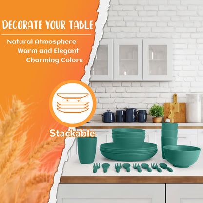 Wheat Straw Dinnerware Set 40-Piece Service for 8 Unbreakable Dishes Set Plates and Bowls Sets Drinking Glasses Microwave Safe Dish Set Lightweight Dinnerware Set for Home & Kitchen - Yellow