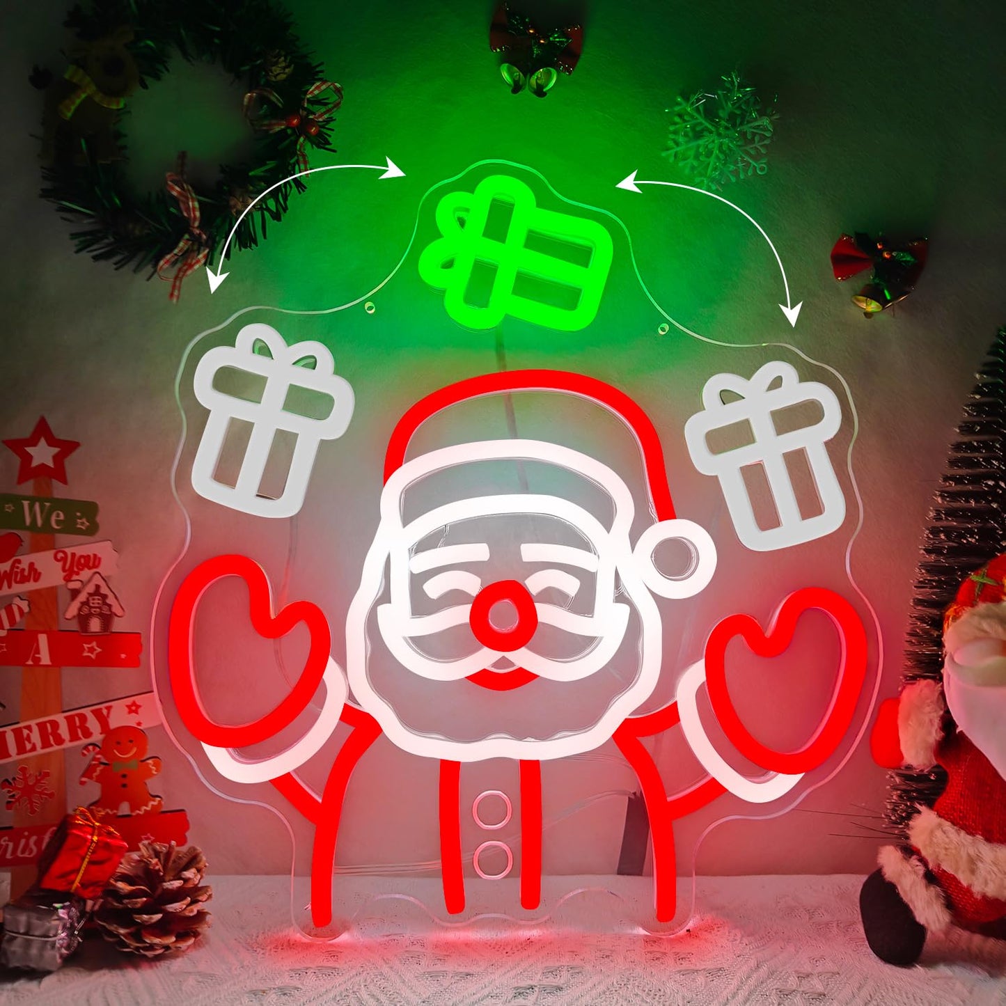 Santa Claus Neon Sign Waving Santa Window Neon Light for Wall Decor Dimmable Christmas Light Up Sign Led Santa Throwing Gift Box Decoration for Party