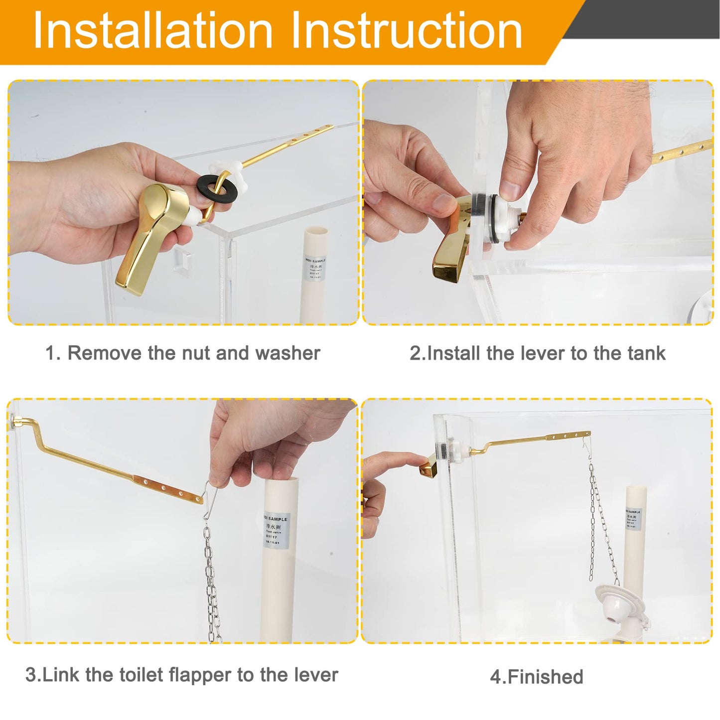 Hibbent Universal Metal Side Mount Toilet Handle Replacement Kit, Brass Toilet Flush Tank Lever with Stainless Steel Flapper Chains for Most Toilets, Shiny Gold