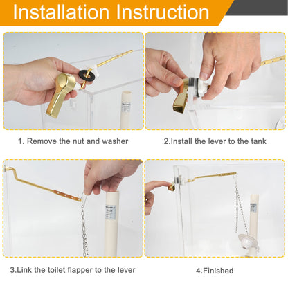 Hibbent Universal Metal Side Mount Toilet Handle Replacement Kit, Brass Toilet Flush Tank Lever with Stainless Steel Flapper Chains for Most Toilets, Shiny Gold