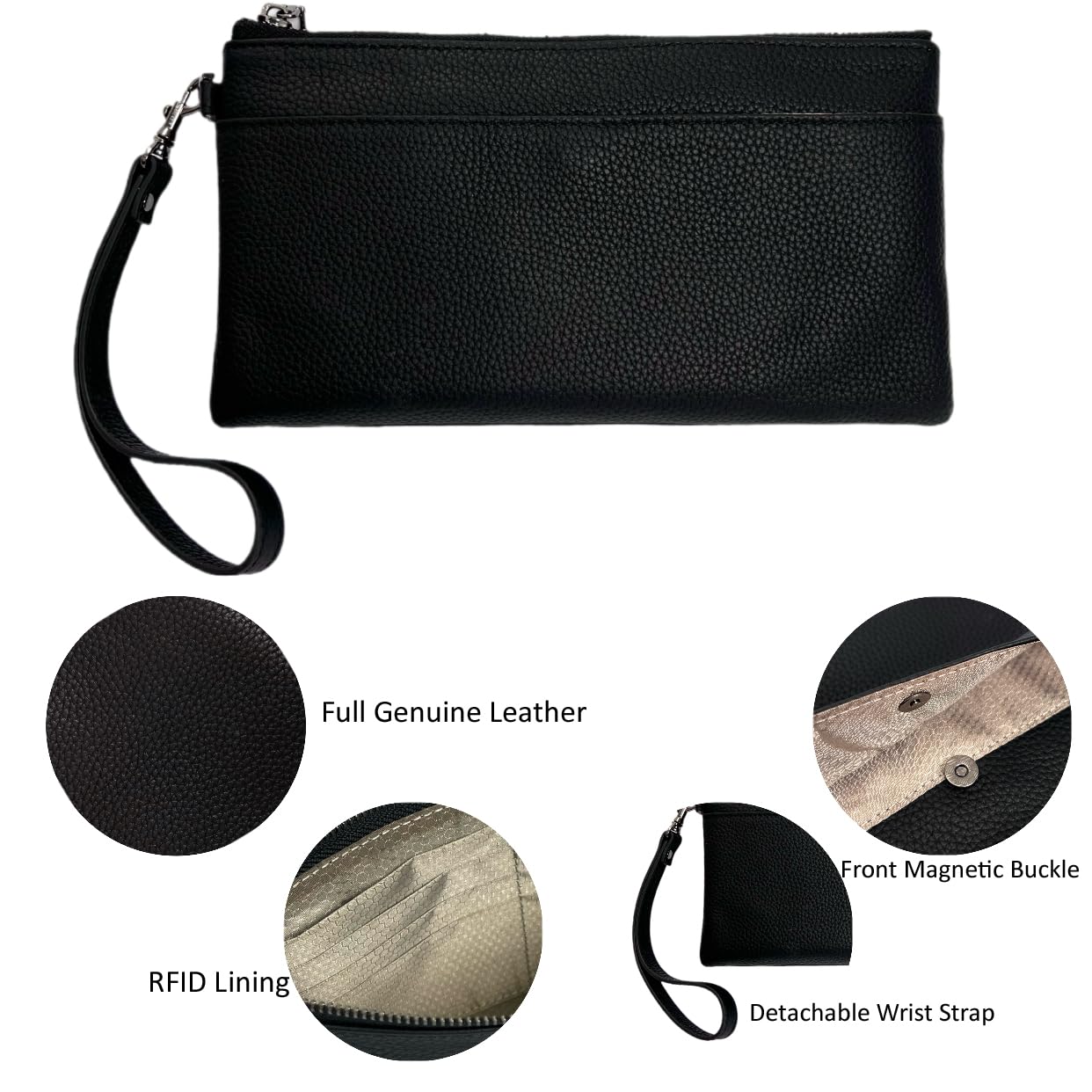 EChoSYDBel Genuine Leather Wristlet Clutch RFID Blocking Handbag Cell Phone Purse Wristlet Zipper Wallet Purses and Bags for Women Men (Black)