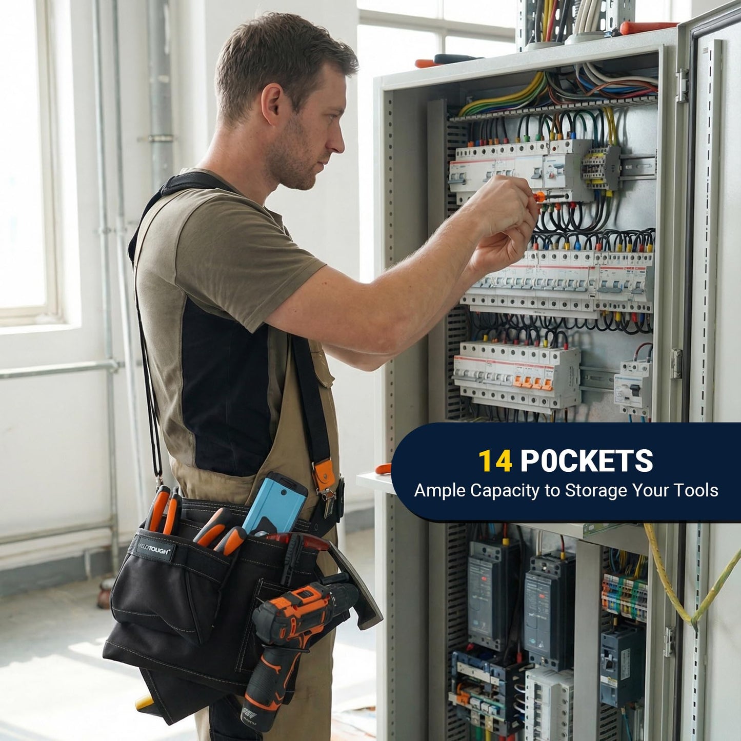 MELOTOUGH 14-Pockets Professional Tool Belt with Suspenders,Heavy Duty Tool Bag and Pouch Combo for Carpenters,Construction,Electricians(Black, 33''-49'')