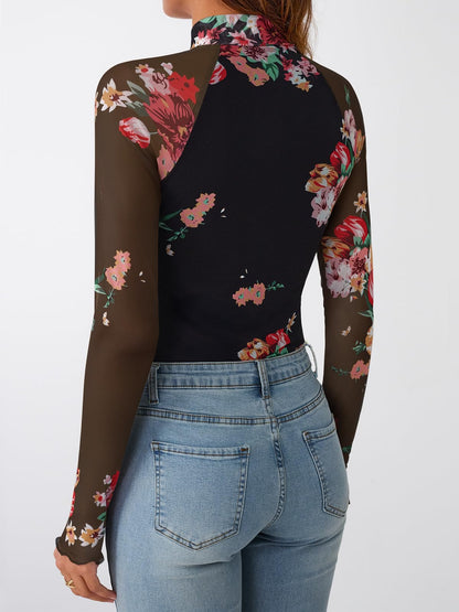 Dealmore Lace Sheer Long Sleeve Floral Mesh Mockneck Trendy Cute Going Out Tops for Women Fall Fashion Outfits 2025 Clothes